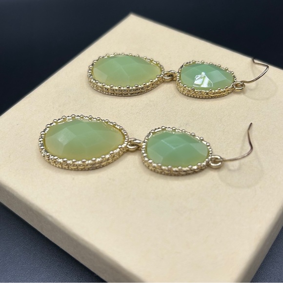 Gold Tone & Green Stone Double Drop Earrings - Picture 6 of 9